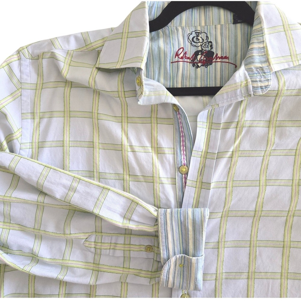Robert Graham Mens L Button Down Shirt White Lime Green Grid Contrast Cuffs
